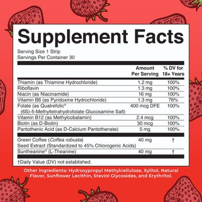 Energy Dissolving Strips by MaryRuth's Biotin Vitamin B12 Vitamin B6 B Vitamin Complex Support Energy Levels L Theanine Sugar Free Strawberry Flavor Vegan Gluten Free 30 Count