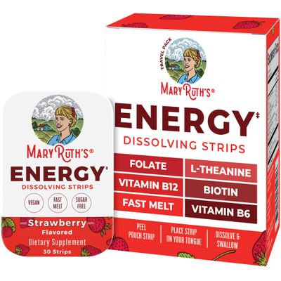 Energy Dissolving Strips by MaryRuth&#39;s Biotin Vitamin B12 Vitamin B6 B Vitamin Complex Support Energy Levels L Theanine Sugar Free Strawberry Flavor Vegan Gluten Free 30 Count
