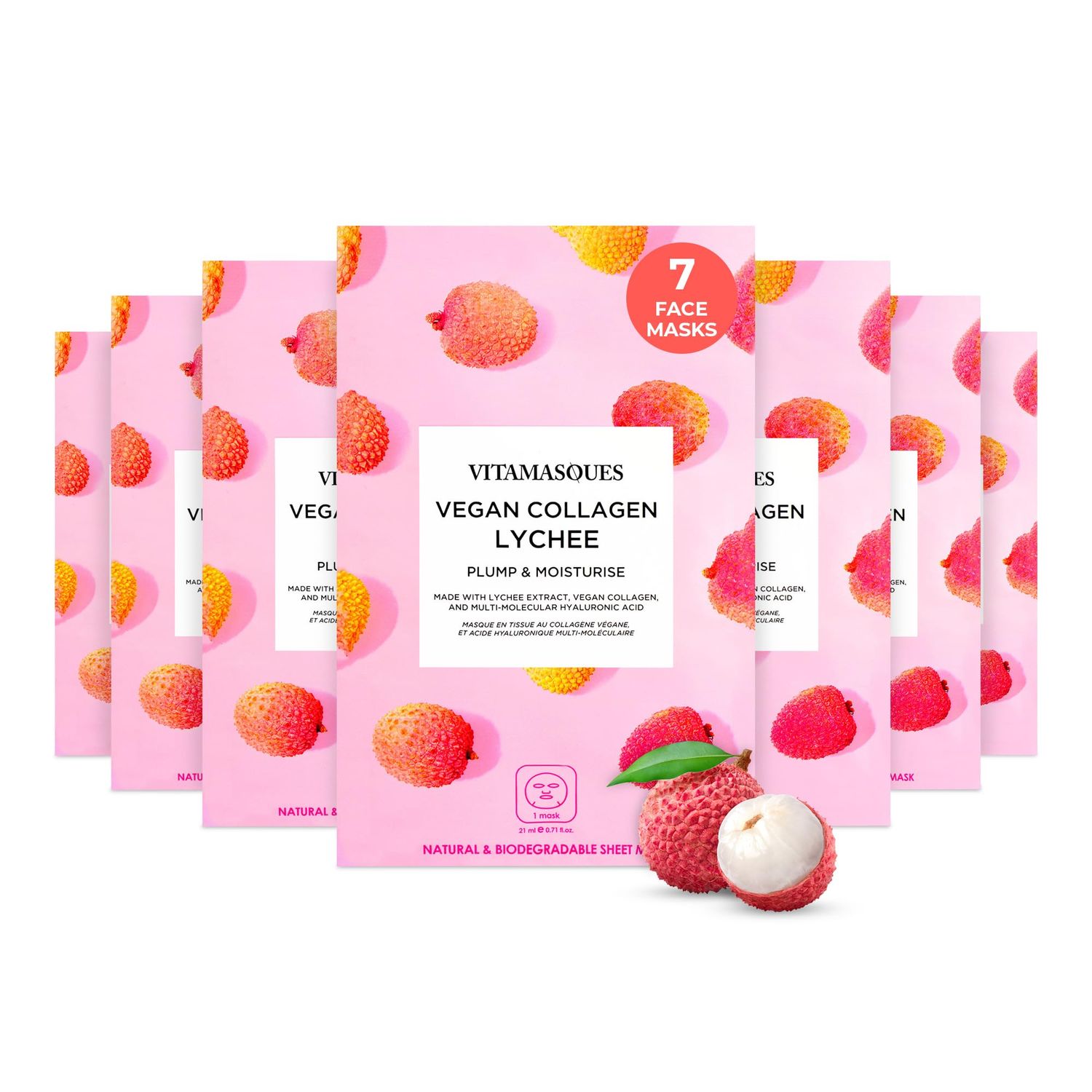 Vitamasques Vegan Collagen Lychee Face Sheet Mask Plumping Moisturizing Korean Skin Care Facial Mask with Lychee Extract Hyaluronic Acid - Natural Biodegradable