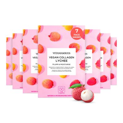 Vitamasques Vegan Collagen Lychee Face Sheet Mask Plumping Moisturizing Korean Skin Care Facial Mask with Lychee Extract Hyaluronic Acid - Natural Biodegradable