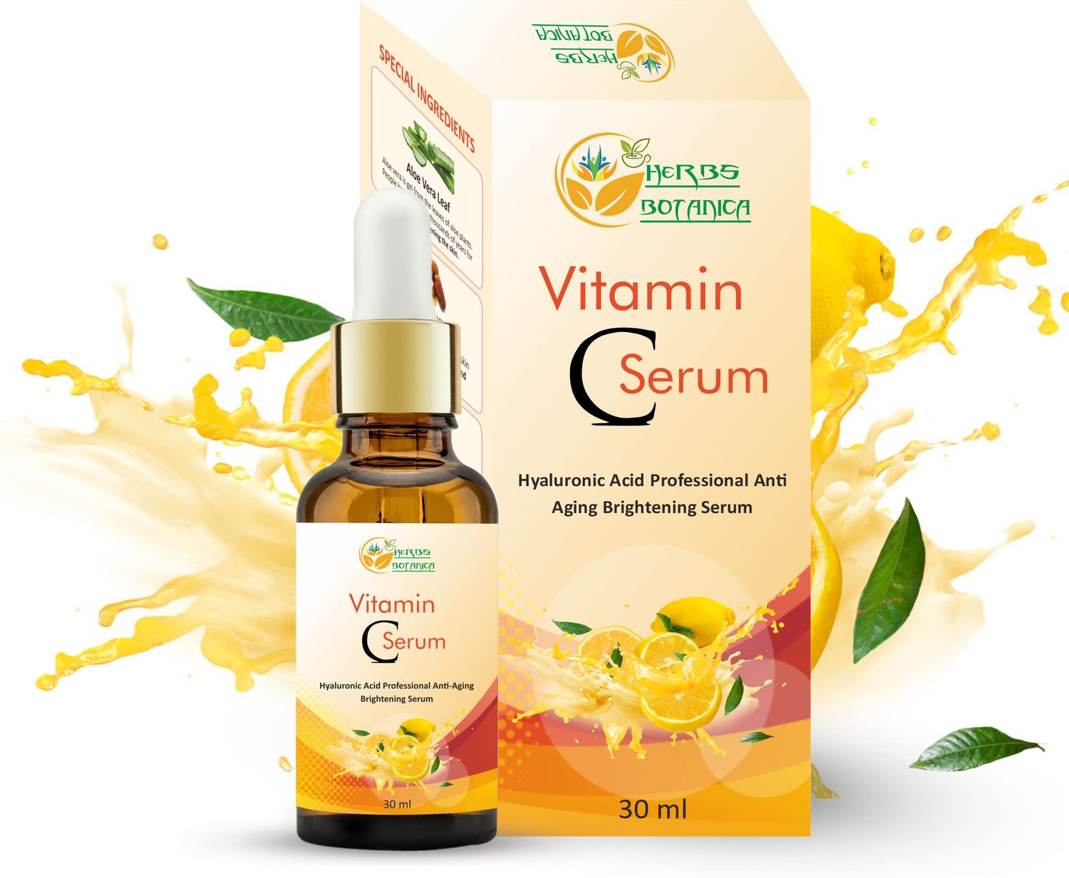 Herbs Botanica Vitamin C Serum For Face with Hyaluronic For Anti Aging Hydrating Serum for Dark Spots, Fine Lines, Includes Vitamin E, Organic Aloe Vera and Jojoba Oil 1 fl oz