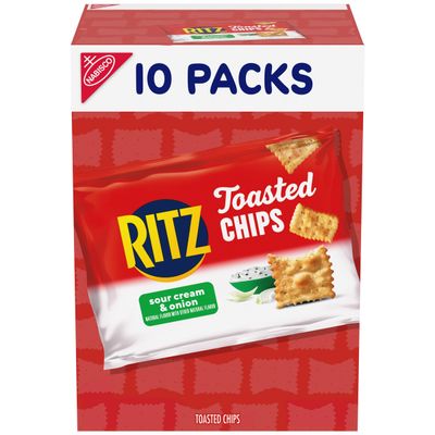RITZ Toasted Chips Sour Cream and Onion Crackers, Lunch Snacks, 10-1.0 oz Snack Packs