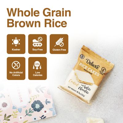 Deluxe Bla Bla Chocolate Covered Rice Cakes 12 Pack - Whole Grain, Gluten-Free, Kosher, Low-Calorie Snack - Coated with White Chocolate - Healthy Crunchy Treat - Individually Wrapped, (19g Each)