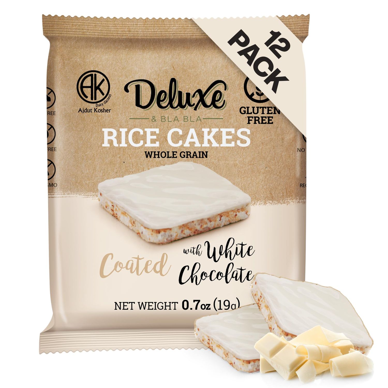 Deluxe Bla Bla Chocolate Covered Rice Cakes 12 Pack - Whole Grain, Gluten-Free, Kosher, Low-Calorie Snack - Coated with White Chocolate - Healthy Crunchy Treat - Individually Wrapped, (19g Each)