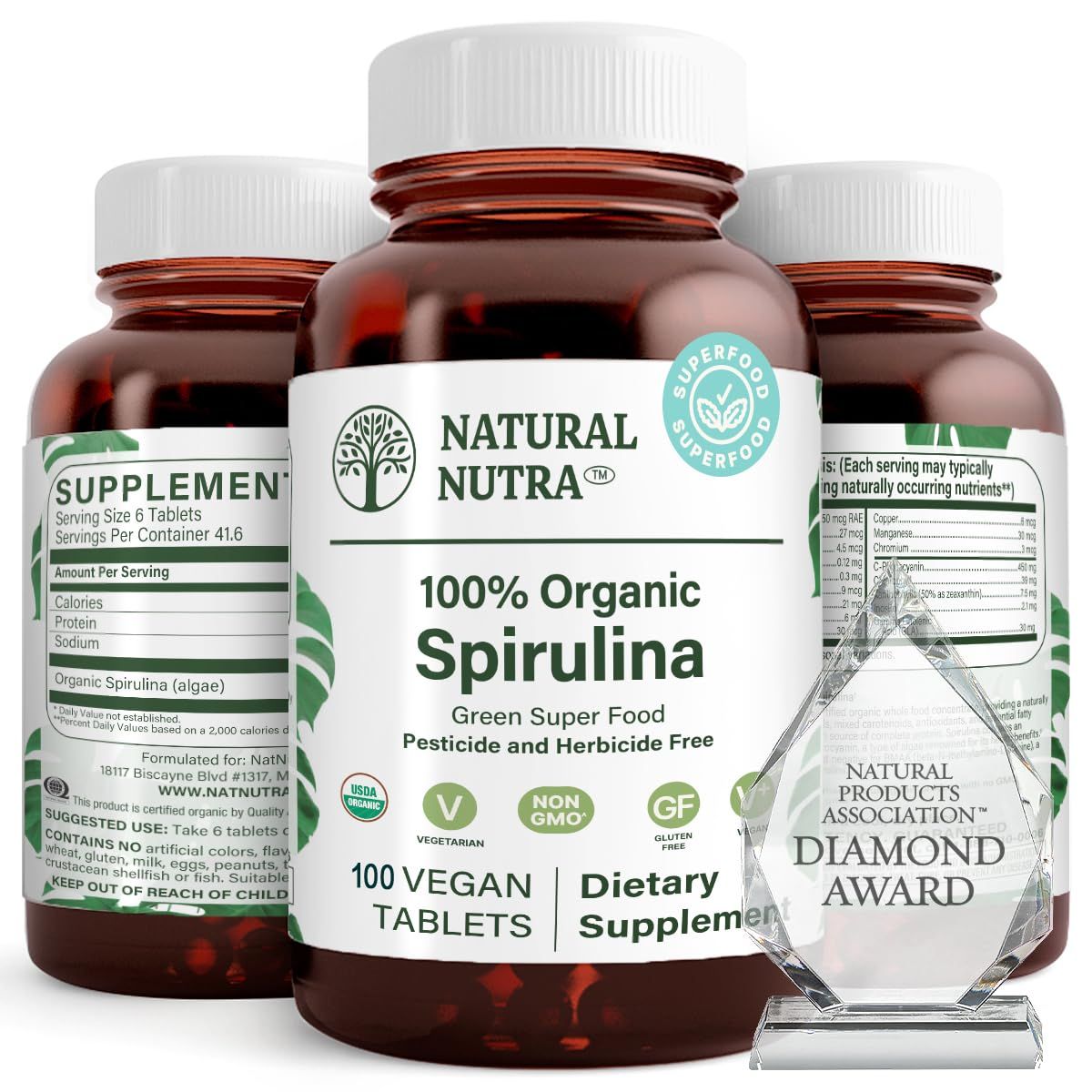 Natural Nutra 100 USDA Organic Spirulina Tablets, Helps Maintain Body Fats, Promotes Liver Health, Promotes Immune System, Helps Improve Metabolism, Promotes Immunity, 300mg, 100 Vegan Tablets