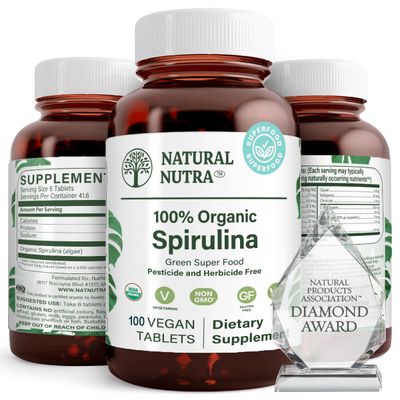 Natural Nutra 100 USDA Organic Spirulina Tablets, Helps Maintain Body Fats, Promotes Liver Health, Promotes Immune System, Helps Improve Metabolism, Promotes Immunity, 300mg, 100 Vegan Tablets