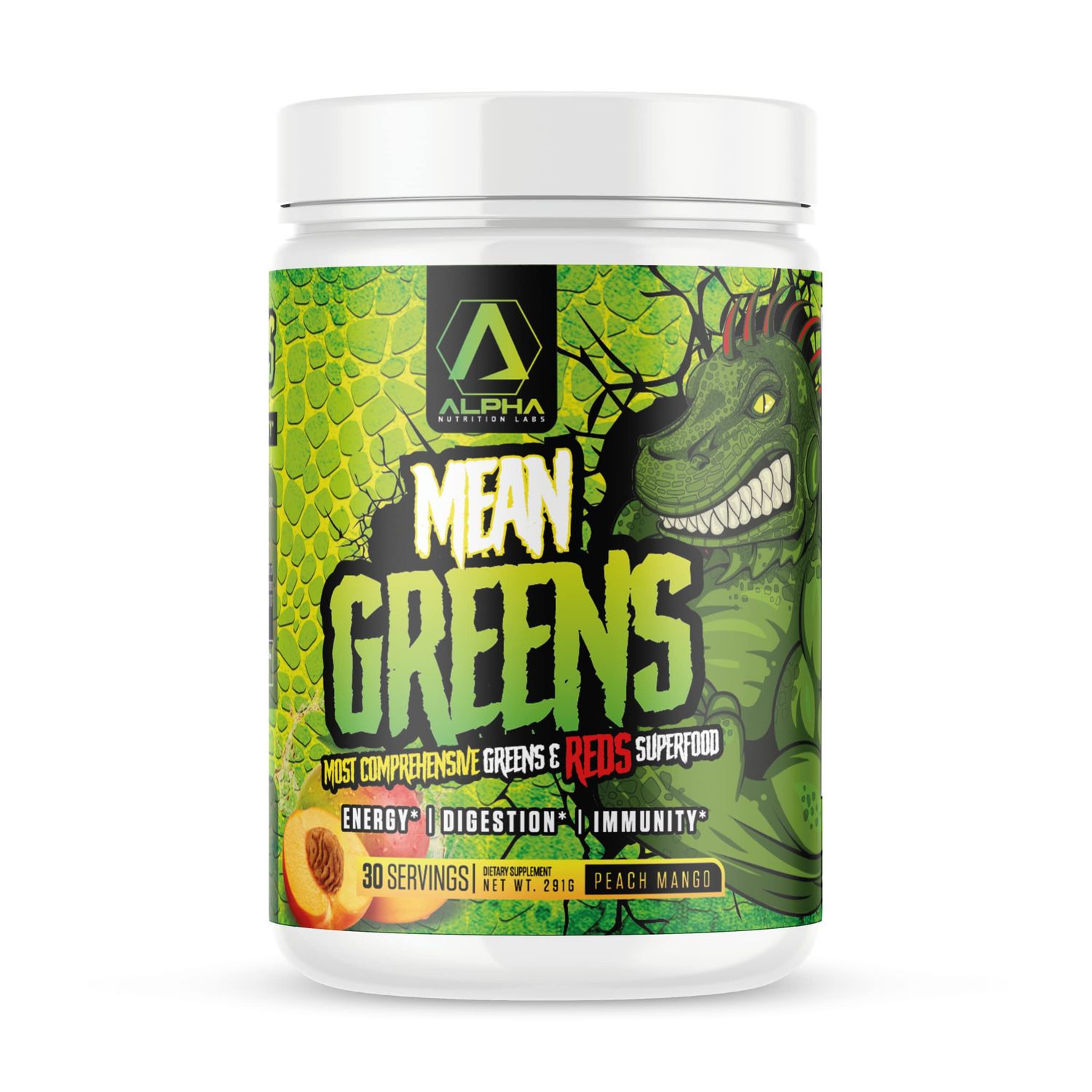 Alpha Nutrition Labs Mean Greens - Sports Greens Reds Advanced Superfood Immunity and Gut Health Cordyceps Delicious Peach Mango Flavor - 30 Servings