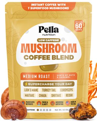 Organic Low-Caffeine Mushroom Coffee (60 Servings) with 7 Superfood Mushrooms, Great Tasting Instant Coffee, Includes Lion&#39;s Mane, Reishi, Chaga, Cordyceps, Shiitake, Maitake, and Turkey Tail