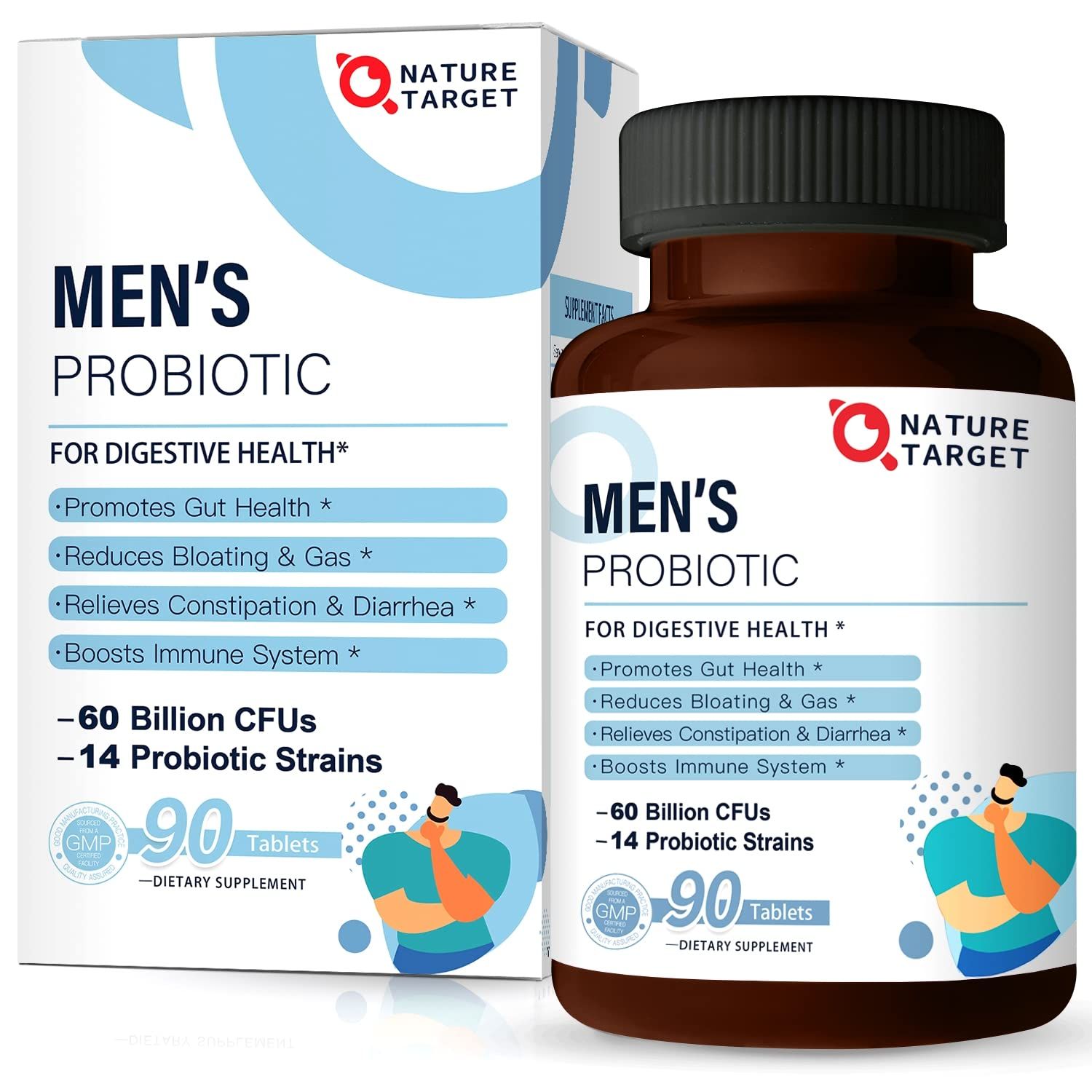 NATURE TARGET Probiotics for Men with Men Care Supplement, Prebiotics Probiotic for Men&#39;s Digestive and Immune Health,60 Billion CFUs 14 Strains Shelf Stable, Gluten Soy Free (90 Tablets)