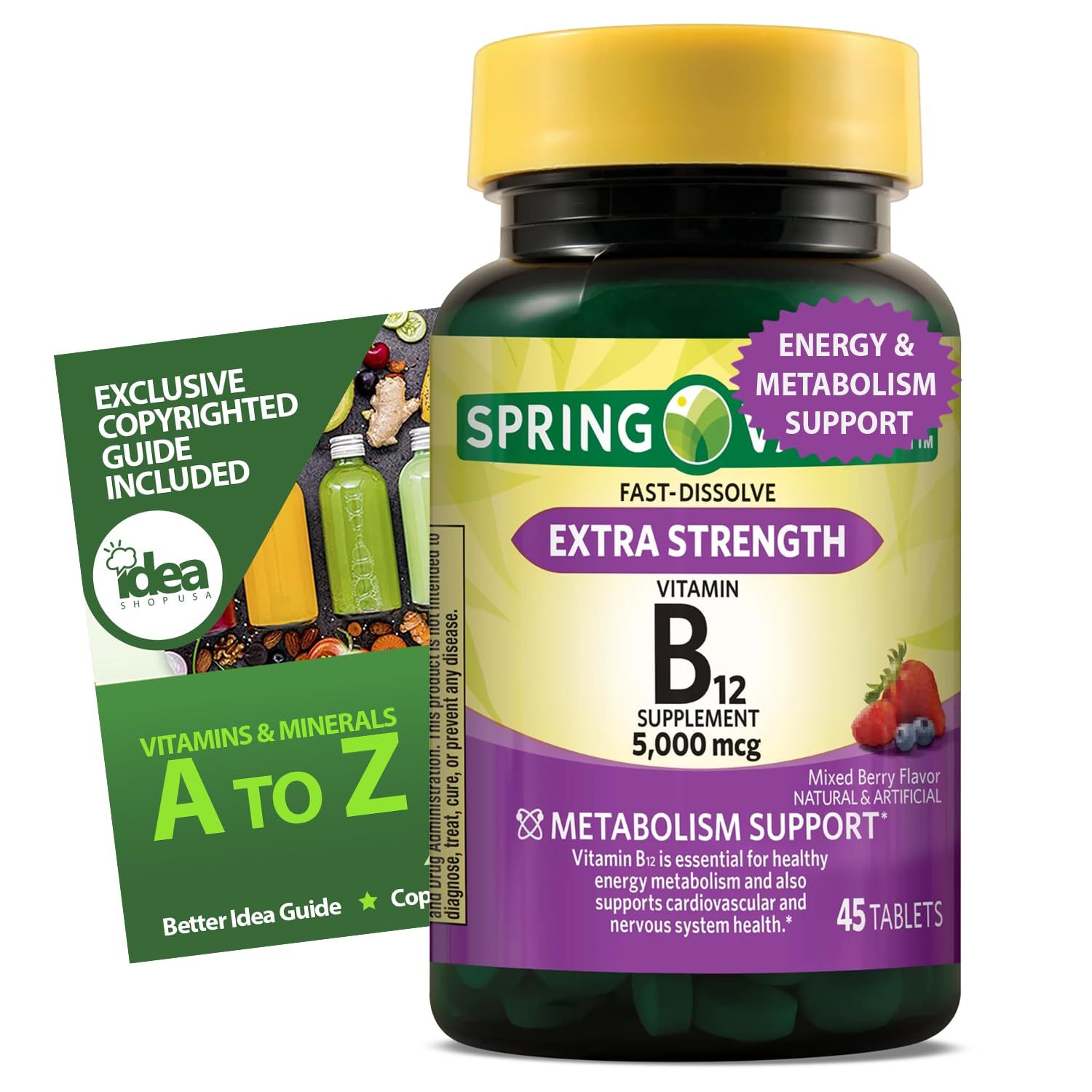 SV Vitamin B12 - 5000mcg Extra Strength Fast Dissolve 45 Tablets - Energy Metabolism Support - Mixed Berry Flavor - 100 Vegetarian Bundle with Vitamins Minerals - A to Z - Better Idea Guide