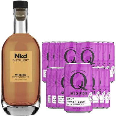 Nkd Distillery Whiskey Alternative Premium Non-Alcoholic Spirit - Zero Alcohol - With Q Mixers Light Ginger Beer [ 15 Pack ]