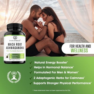 Maca Root, Ashwagandha Root Extract, Capsules for Men Women with Turmeric Curcumin and Bioperine 120 Capsules Made in USA