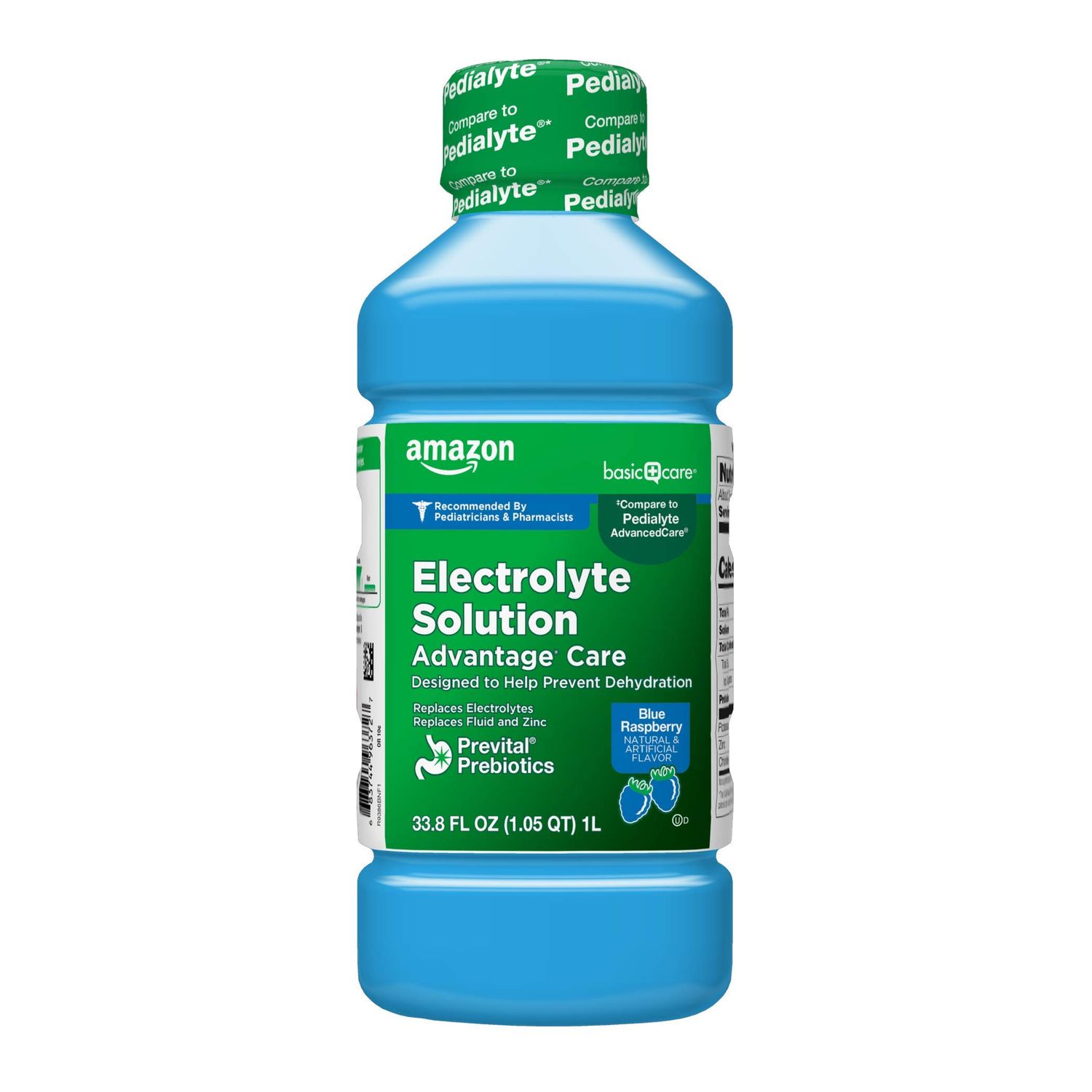 Amazon Basic Care Electrolyte Solution Advantage Care with PreVital Prebiotics, Blue Raspberry, Designed to Help Prevent Dehydration, Replaces Electrolytes, Fluid and Zinc, 33.8 fl oz (Pack of 1)