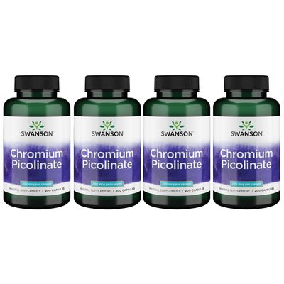 Swanson Chromium Picolinate - Natural Supplement Promoting Metabolism Weight Management - Supports Healthy Blood Sugar Levels Already Within The Normal Range - (200 Capsules, 200mcg Each) 4 Pack
