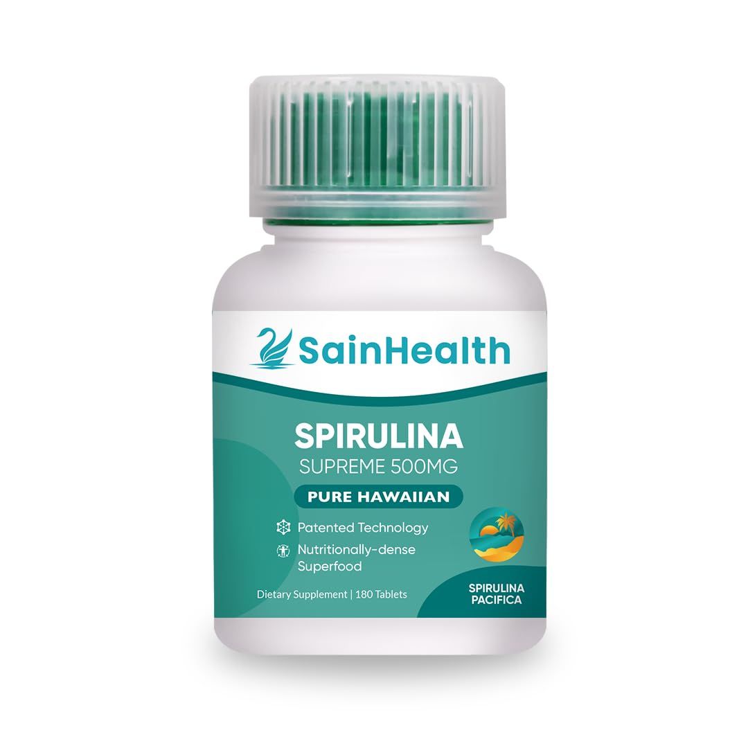SainHealth Spirulina Supreme - Premium Spirulina Pacifica, High in Carotenoids 90 Trace Elements, Supports Metabolism Energy Boost, 500mg, 180 tabs