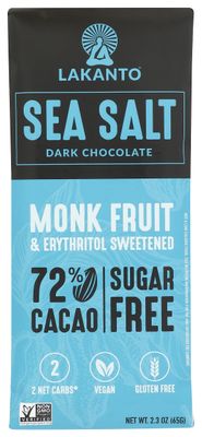 Lakanto Sea Salt Dark Chocolate Bar, 72 Cocoa, Sugar Free, Gluten Free, 2.3 Ounces (Pack Of 12)