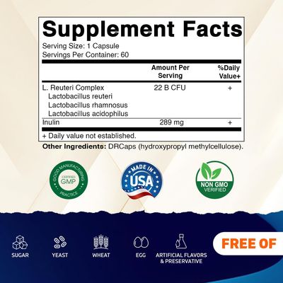 Vitamatic Lactobacillus Reuteri Complex - 22 Billion CFU per Delayed Release Capsule - 60 Capsules - Digestive Gut Health Support - with Prebiotic Inulin Fiber