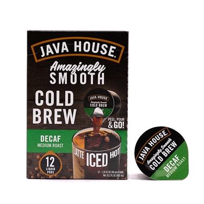 JAVA HOUSE Decaf Medium Roast Cold Brew Pods, (12 Count) Peel and Pour Pods Hot or Iced Instant Coffee Concentrate