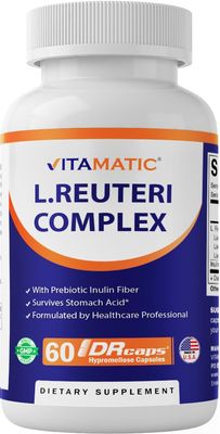 Vitamatic Lactobacillus Reuteri Complex - 22 Billion CFU per Delayed Release Capsule - 60 Capsules - Digestive Gut Health Support - with Prebiotic Inulin Fiber