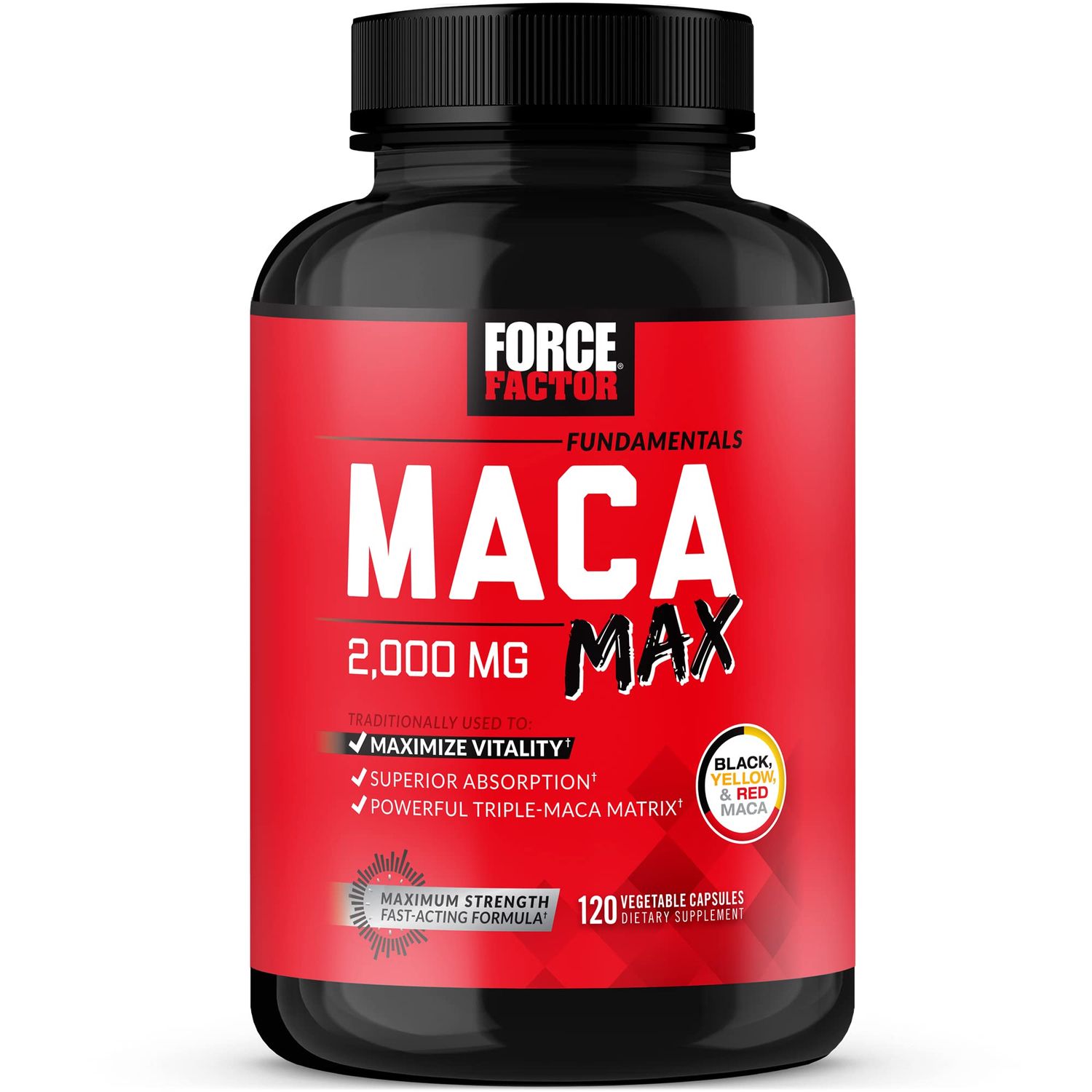 Force Factor Maca Max, Maca Root Capsules to Maximize Vitality Performance, Made with Black Maca, Red Maca, Yellow Maca Powder, Maca Root Powder, 2000mg, 120 Capsules