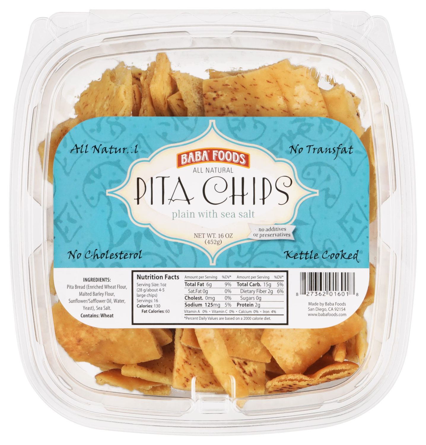 Baba Foods All Natural Pita Chips, Plain with Sea Salt, Kettle Cooked, 16 Ounce (Pack of 8)
