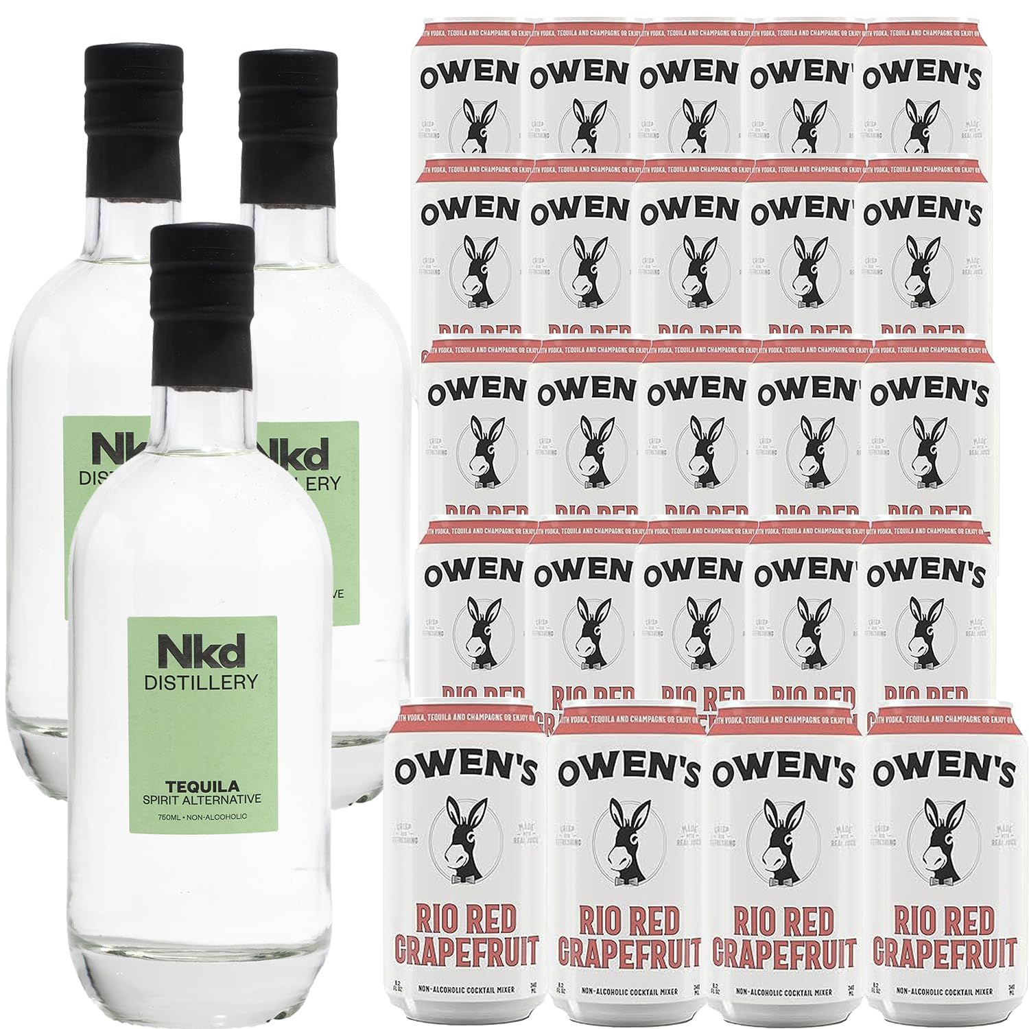 Nkd Distillery Tequila Alternative Premium Non-Alcoholic Spirit 750 ML Bottles w Owen s Mixers Rio Red Grapefruit 8.2 OZ Cans - Perfect for Mocktails - Made in USA