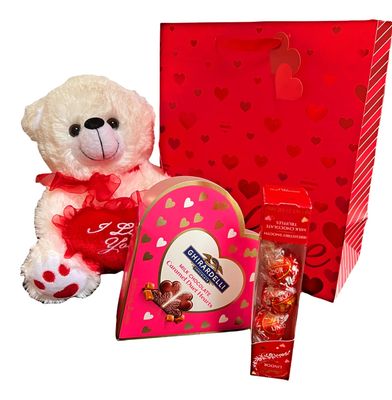 Valentines Day Gift Set With 10 Teddy Bear (Color May Vary), Ghirardelli Milk Chocolate Caramel Duet Hearts, Lindt Lindor Irresistibly Smooth Milk Chocolate and Valentine Gift Bag