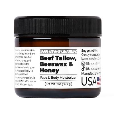 Santa Cruz Paleo Beef Tallow for Skin, Grass Finished Grass Fed Beef Tallow and Honey Balm Body Face Moisturizer, Organic Beeswax and Organic Honey, Light Scent, Moisturizing Natural Formula, 2 Oz