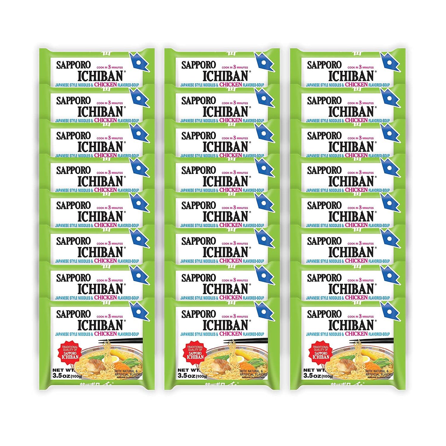 [SAPPORO ICHIBAN] Ramen Noodles, Chicken Flavor, No. 1 Tasting Japanese Instant Noodles (3.5 Oz. 99.2 g) 24 Pack