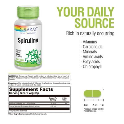 SOLARAY Spirulina 410mg Algae Superfood Supports Energy, Vitality Overall Health 100ct, 100 Serv.