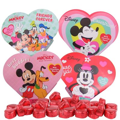 Mickey and Minnie Mouse Small Heart Boxes with Milk Chocolate Candies, Valentine s Day Candy Gift Set, 1.6 Ounces Each, Style May Vary (Pack of 4)