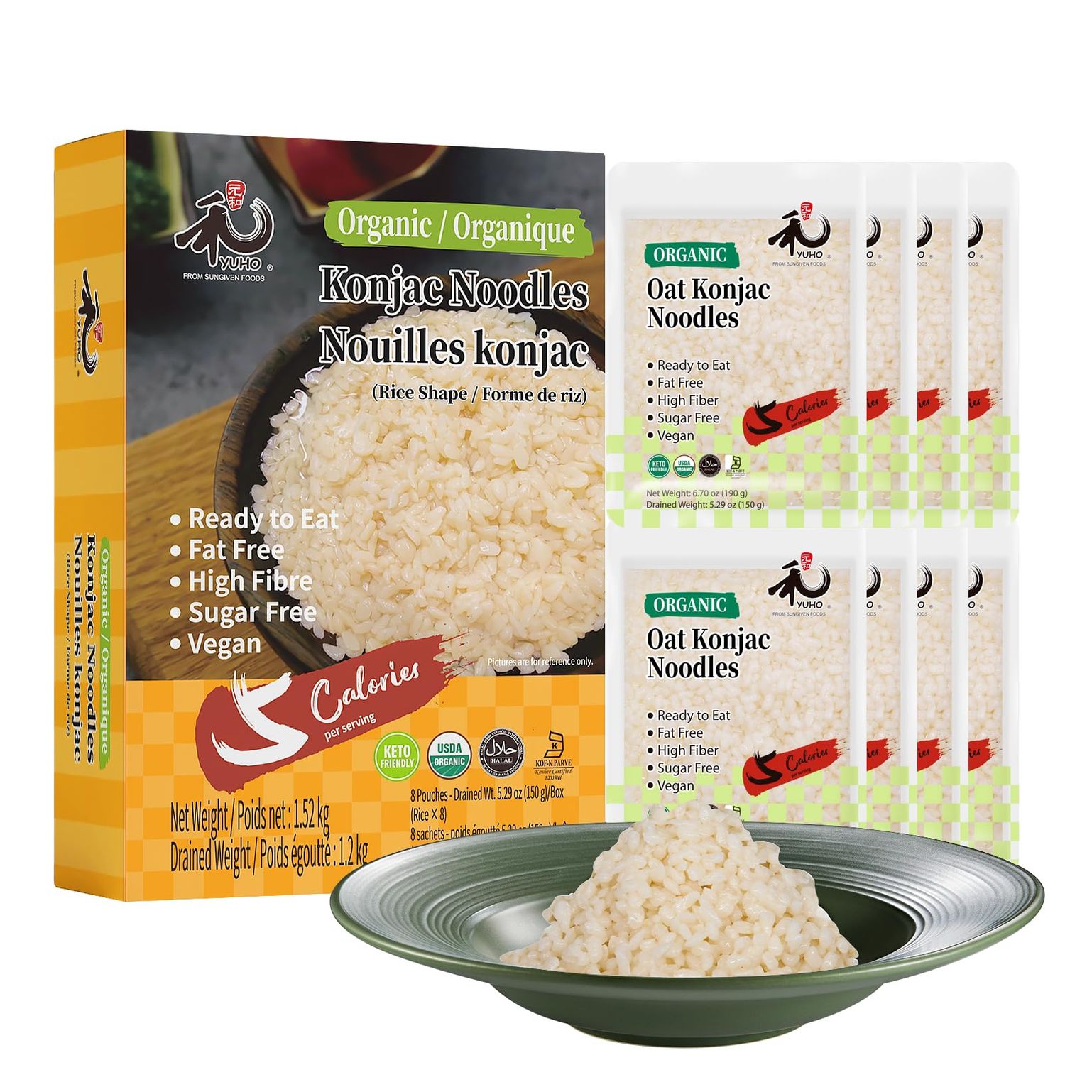YUHO Organic Shirataki Rice 8 Pack Organic Konjac Oat Rice Ready to Eat Vegan Gluten Free Low Carb Calorie Sugar Free Plant-Based Soy Free Paleo and Keto Friendly 53.61 Oz
