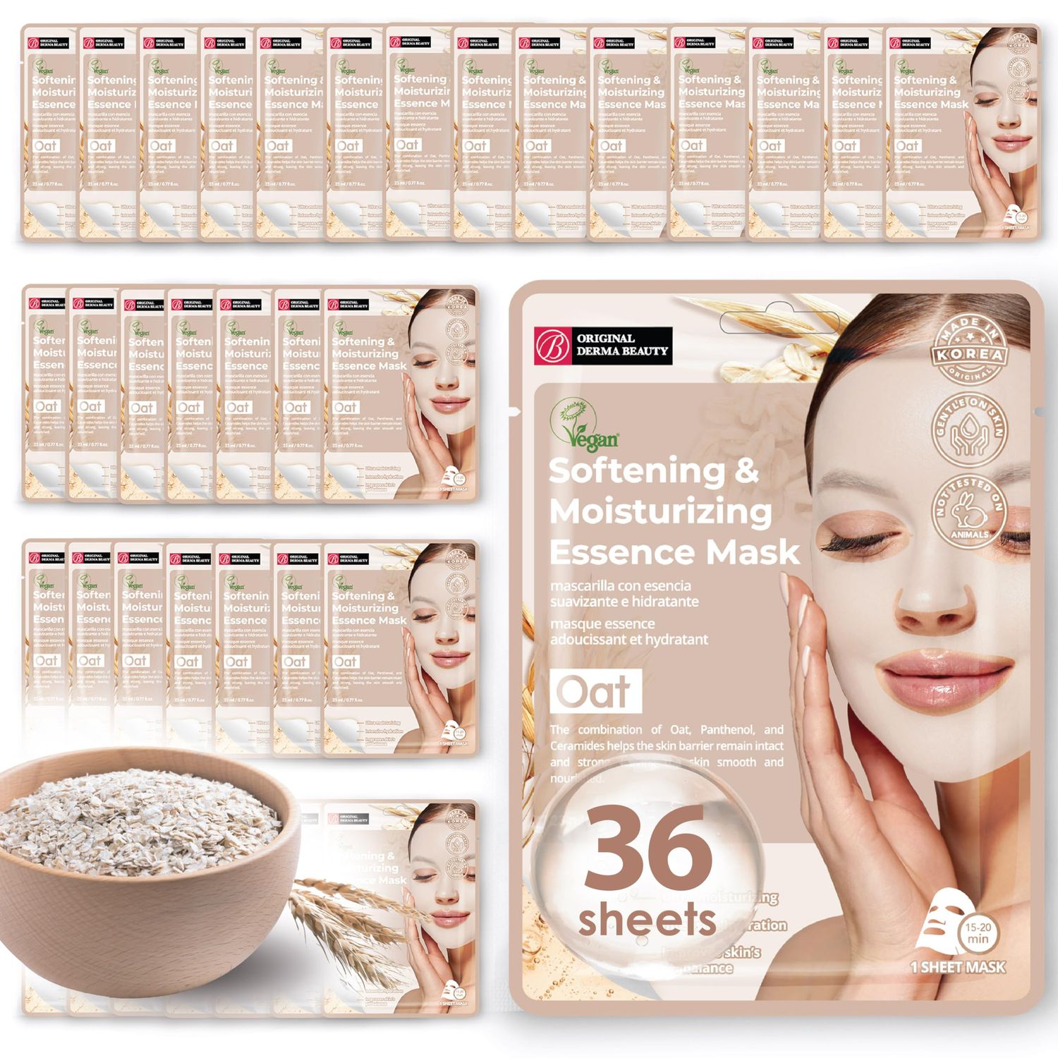 Innerest Original Derma Beauty Collagen Face Masks 36 PK Vegan Ultra Moisturizing Face Masks Skincare Sheet Masks Set for Beauty Personal Care Korean Face Mask (Oat)