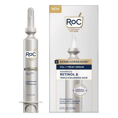 RoC Derm Correxion Fill Treat Advanced Retinol Serum with Hyaluronic Acid for Forehead Wrinkles, Crow&#39;s Feet, Eleven Wrinkles, and Laugh Lines, Stocking Stuffer, 15ml