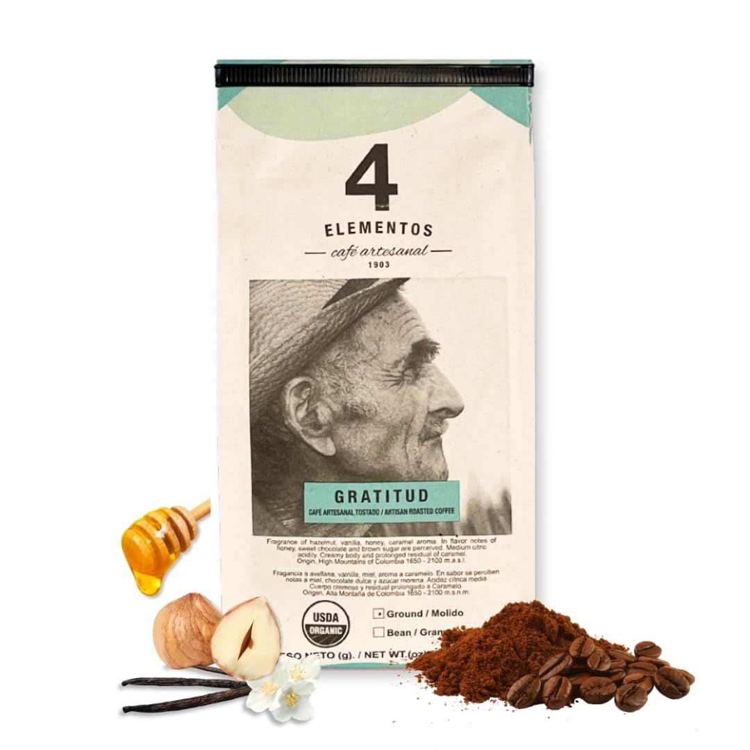4Elementos Whole Bean Specialty Coffee, Medium Roast, 100 Organic Arabica from Colombia, Honey, Sweet Chocolate Brown Sugar Notes, 12oz