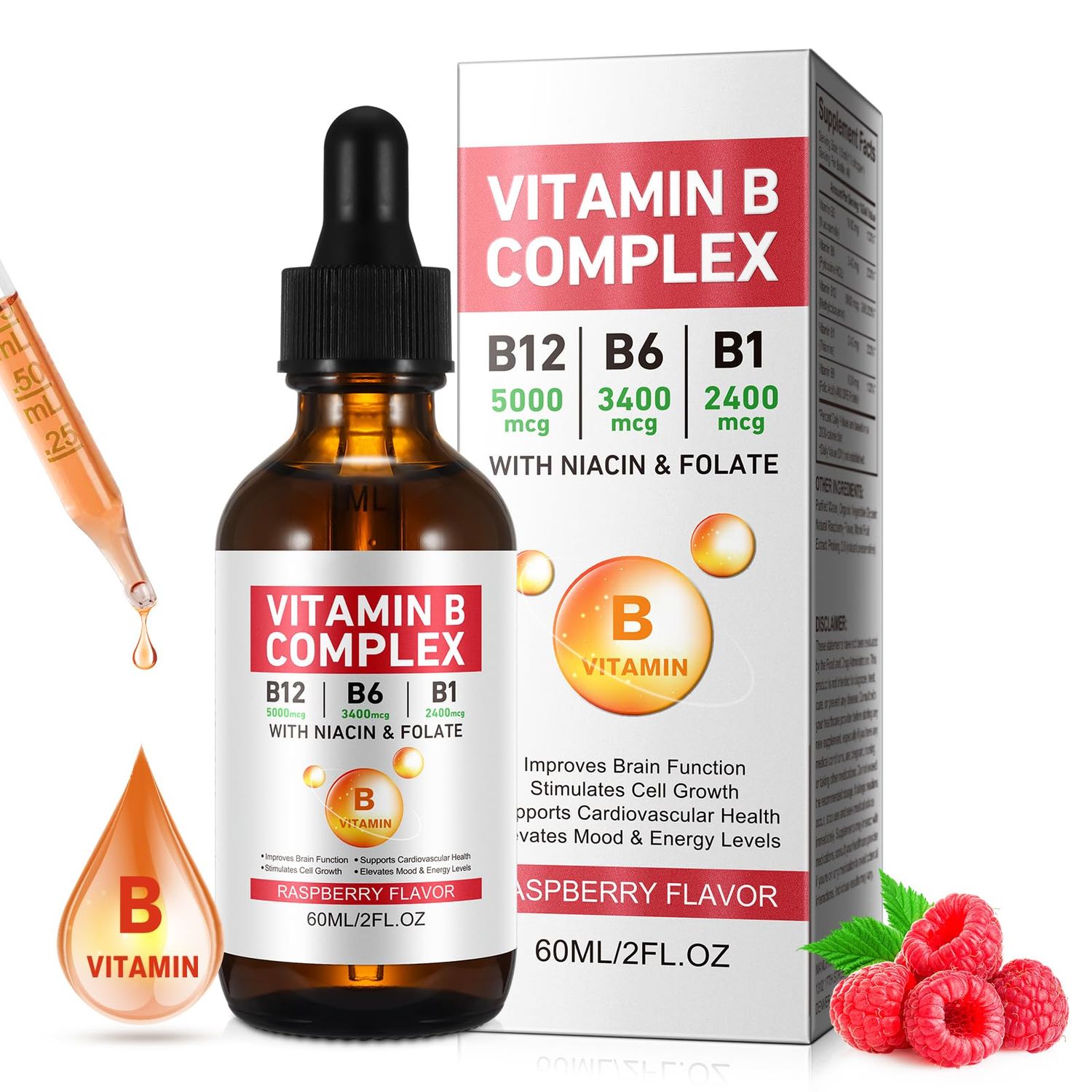 Vitamin B Complex Liquid, Vegan Vitamin B12 Liquid Drops B12 Methylcobalamin B1 Thiamine B6 Pyridoxine Folic Niacin - B Complex Liquid Drops, Support Energy, Brain Heart, 40 Servings
