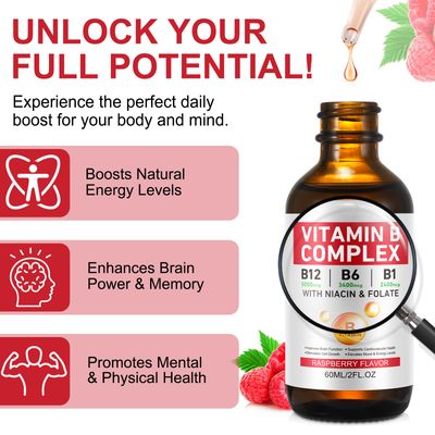 Vitamin B Complex Liquid, Vegan Vitamin B12 Liquid Drops B12 Methylcobalamin B1 Thiamine B6 Pyridoxine Folic Niacin - B Complex Liquid Drops, Support Energy, Brain Heart, 40 Servings