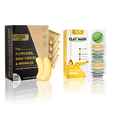 Clay Mask Set (10 Pods) Gold Eye Patches (20 Pairs), Mud Mask Deep Pore Cleansing Acne Blackhead Removal, Eye Patches for Puffy Eyes Dark Circles, Men Women Facial Mask Eye Masks Skin Care.