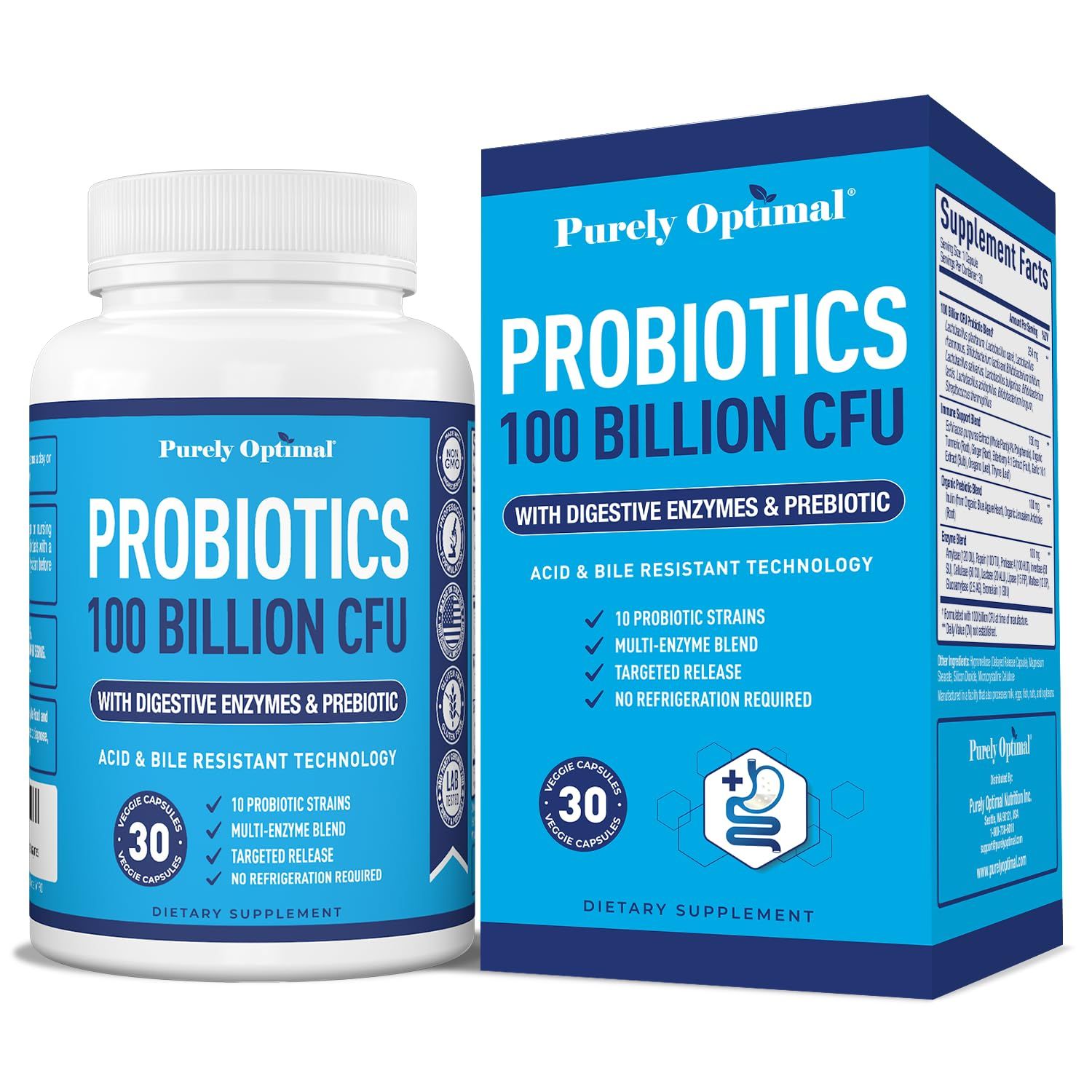 Purely Optimal Premium Probiotics (Various Types) wOrganic Prebiotics Digestive Enzymes (30 Count (Pack of 1), 100 Billion CFU)