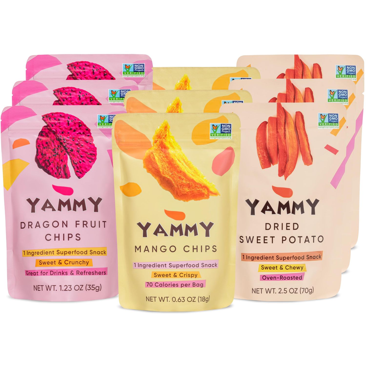 Yammy Dried Fruit Snack (Variety Pack of 9) No Sugar Added 1 Ingredient Healthy Snacks for Adults Kids, Sweet Potato Sticks, Freeze Dried Mango Dragon Fruit Chips, Gluten Free Vegan Individual Packs