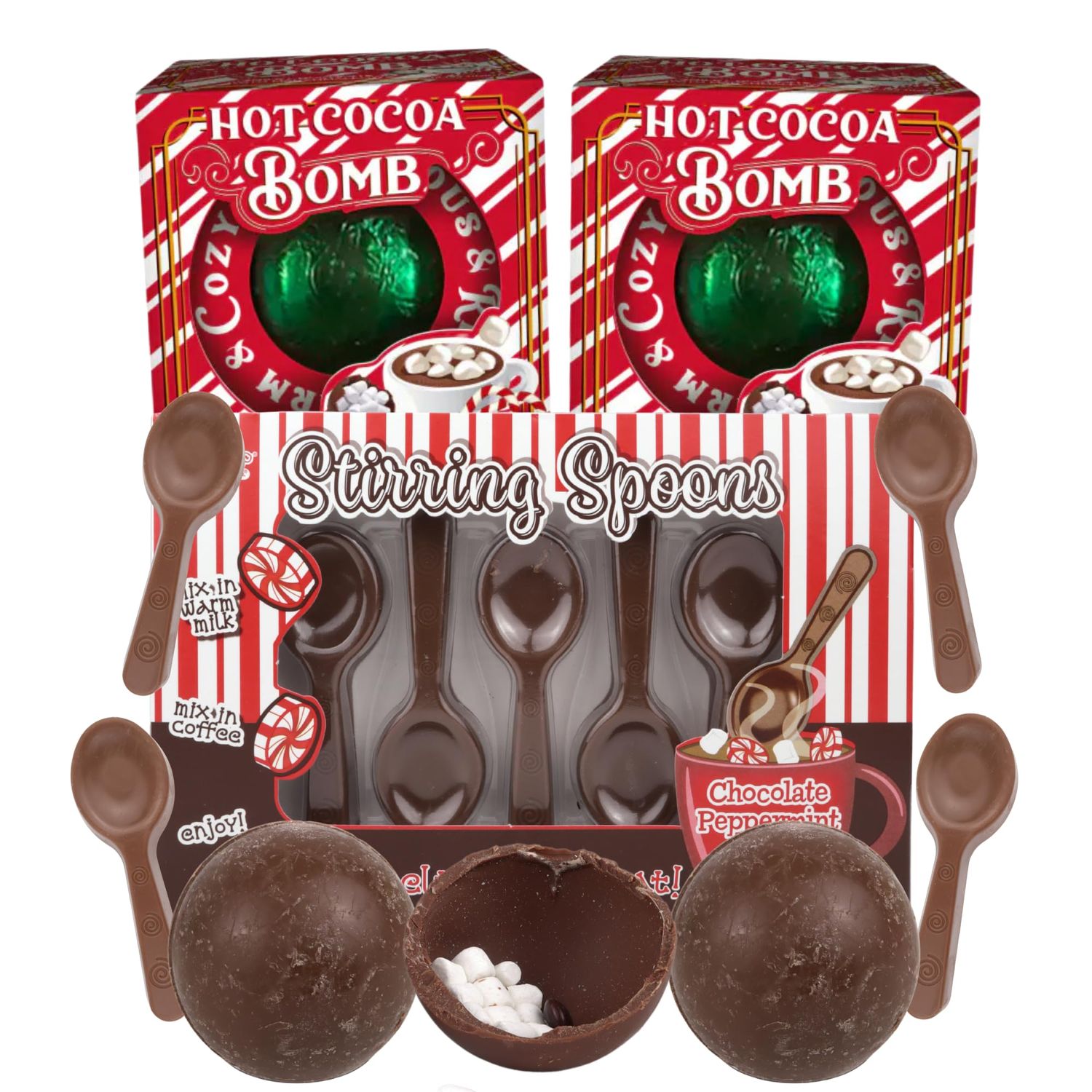 Sweetzo Christmas Chocolate Peppermint Stir Spoons and Hot Cocoa Bombs, Festive Stocking Stuffer Gifts (3 Items)
