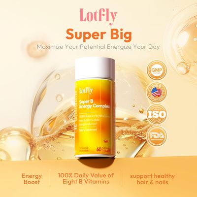 LOTFLY Vitamin B Complex with B1, B2, B3, B5, B6, B7, B9, B12 Taurine-Immune Support, Energy Metabolism and Nervous System - Super B Complex with Blood Orange Powder - 60 Tablets for Men Women