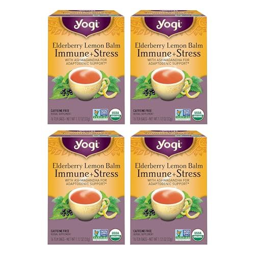 Yogi Tea Elderberry Lemon Stress Immune Support Tea - 16 Tea Bags, 4 Packs - With Ashwagandha, Lemongrass, Licorice Root More