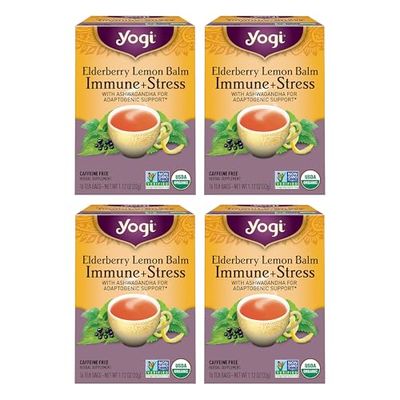 Yogi Tea Elderberry Lemon Stress Immune Support Tea - 16 Tea Bags, 4 Packs - With Ashwagandha, Lemongrass, Licorice Root More