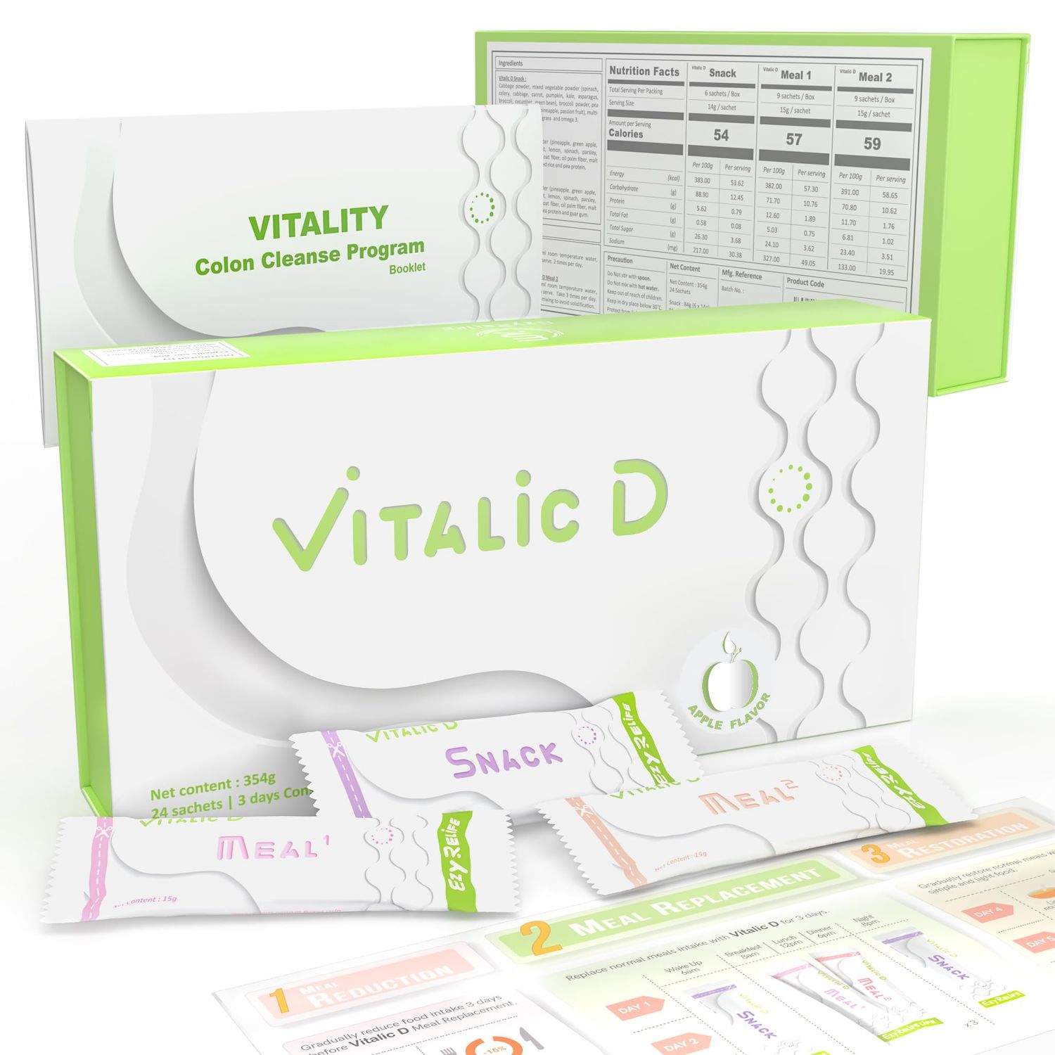 EzyRelife Vitalic D, 3-Day Deep Colon Cleanse Natural Detox Reset to Remove Mucoid Plaque, Relieve Bloating, Flatten Stomach Feel Lighter Restore Gut Balance for Total Wellness Apple Flavor