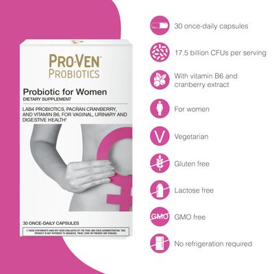 Pro-Ven Multi-strain Probiotics For Women Supports Vaginal and Urinary Tract Health 30 Capsules Lactobacillus, Cranberry, Vitamin B6 Packed With 17.5 Billion CFUs Vegetarian Vegan Friendly