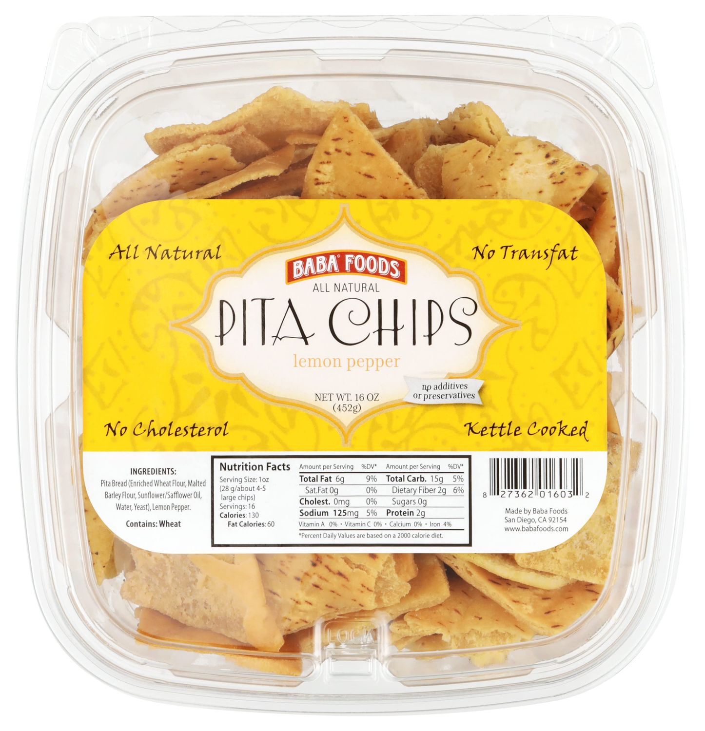 Baba Foods All Natural Pita Chips, Lemon Pepper, Kettle Cooked, 16 Ounce (Pack of 8)