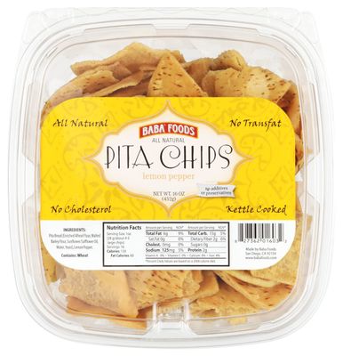 Baba Foods All Natural Pita Chips, Lemon Pepper, Kettle Cooked, 16 Ounce (Pack of 8)