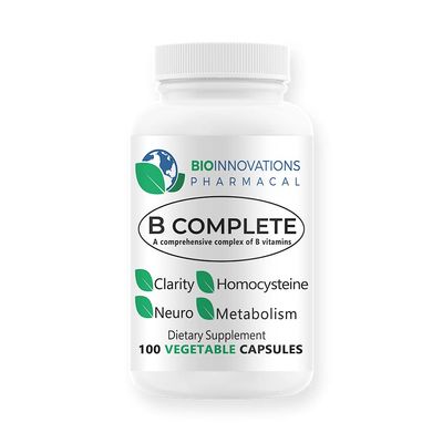 BioInnovations Pharmacal B Complete with Folate, All Vitamins B1, B2, B3, B5, B6, B7, B9, B12, and Choline Bitartrate for Energy, Brain Clarity, Neuro, Metabolism 100 Vegan Capsules