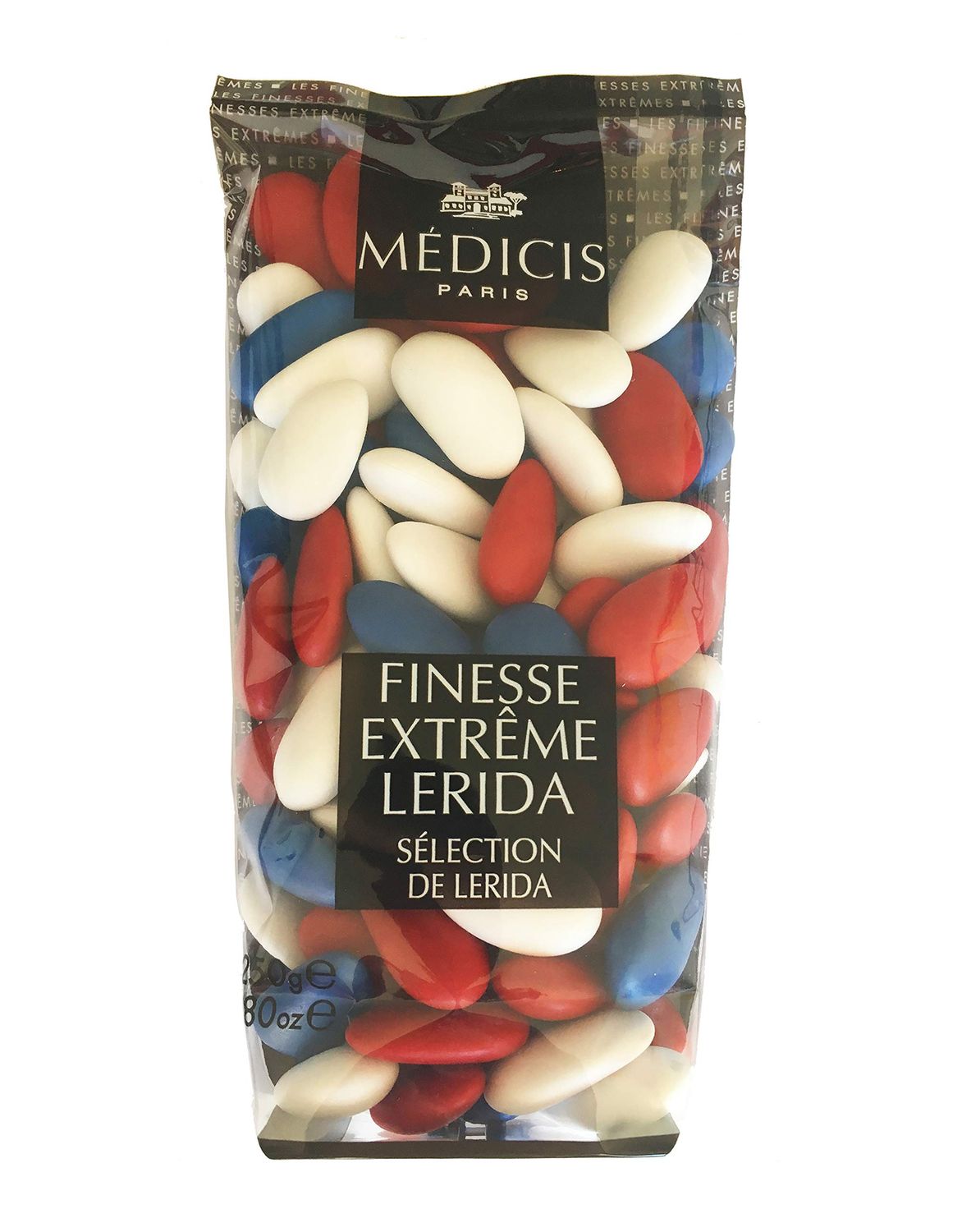 Medicis Premium Candied Almond Dragees (French Jordan Almonds) Sugar Coated Candies Ideal as a Party Favor for Weddings and Baby Showers 75 count bag 8.8oz (White, Red, Blue)